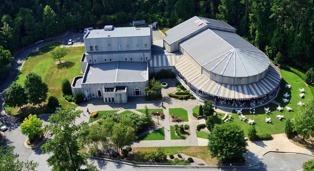An aerial view of the Conant Performing Arts Center at Oglethorpe University.